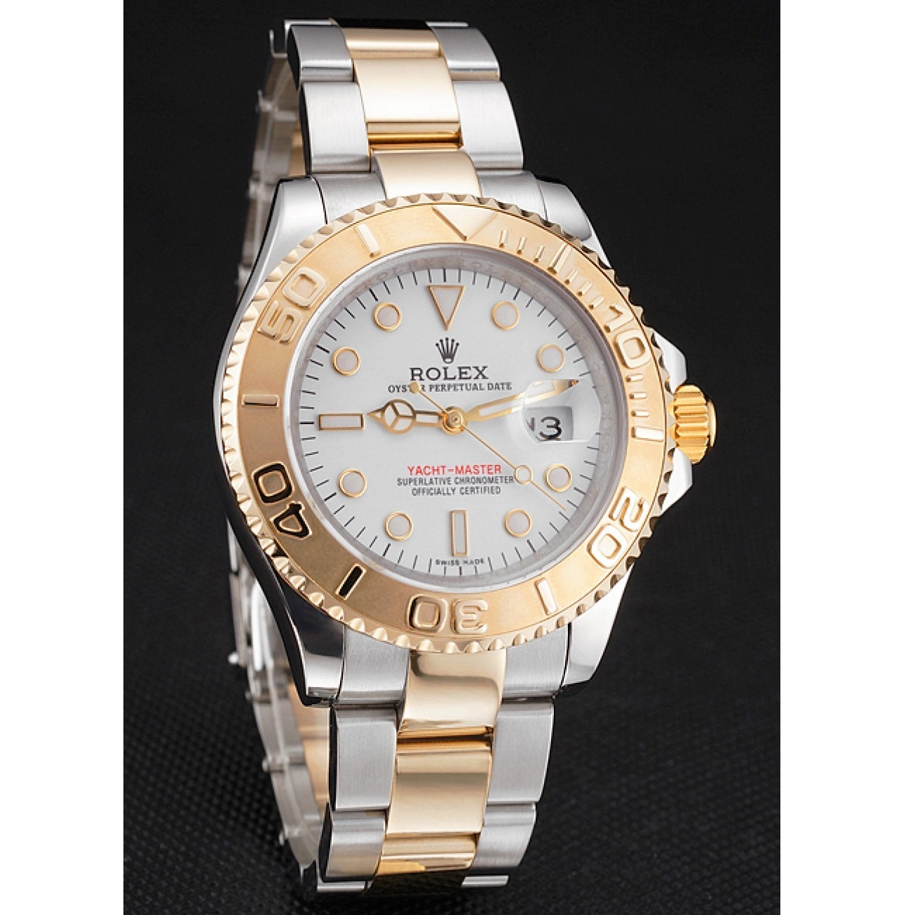 Aaa replica watch Case Tone Steel Yacht-Master Two Dial Stainless Bezel Gold White Swiss Bracelet Rolex 0725